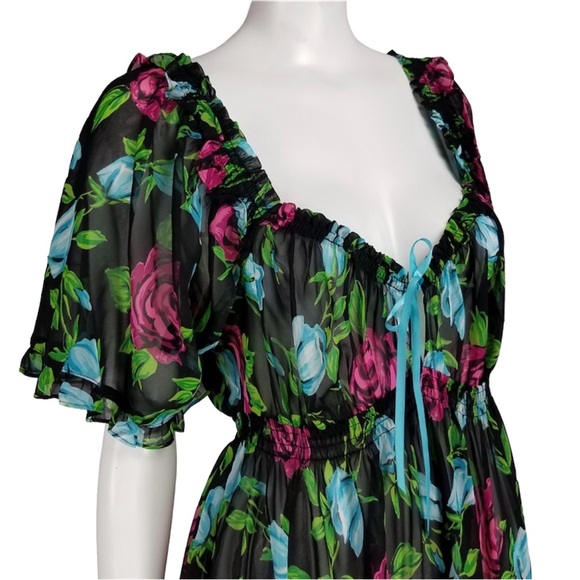 Betsey Johnson Intimates Black Floral Sheer Babydoll Nightgown Dress Size Medium - Picture 4 of 5